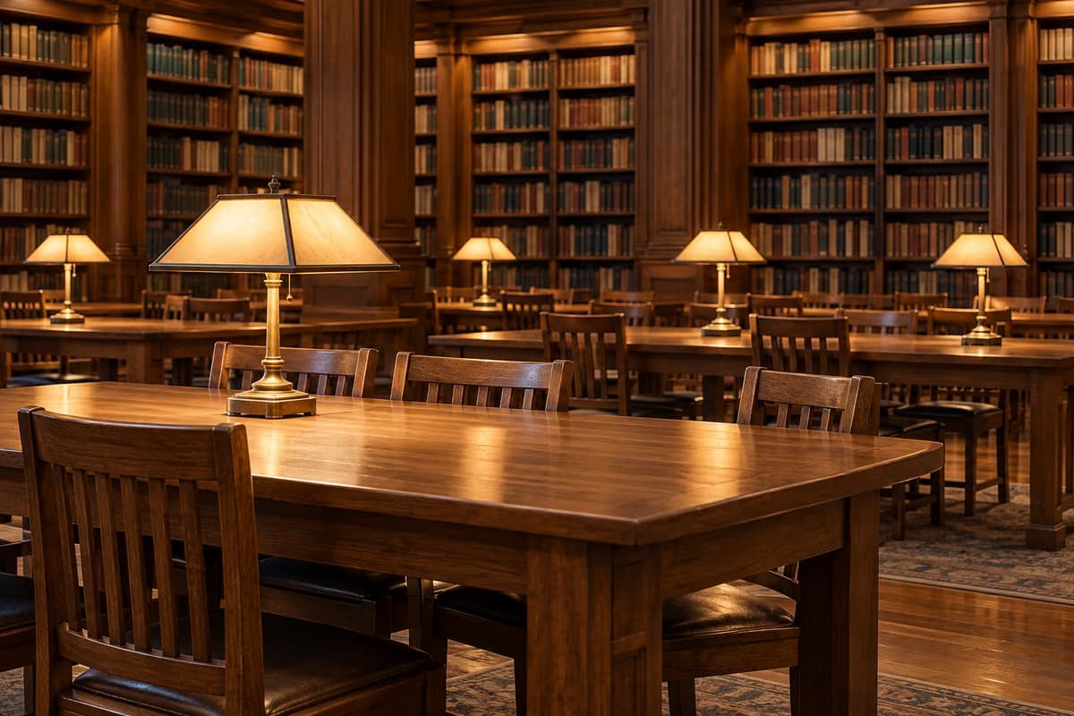 Një sallë leximi e zbrazët në një bibliotekë, me tavolina druri, karrige dhe llamba leximi prej tunxhi para raftesh të larta plot me libra.