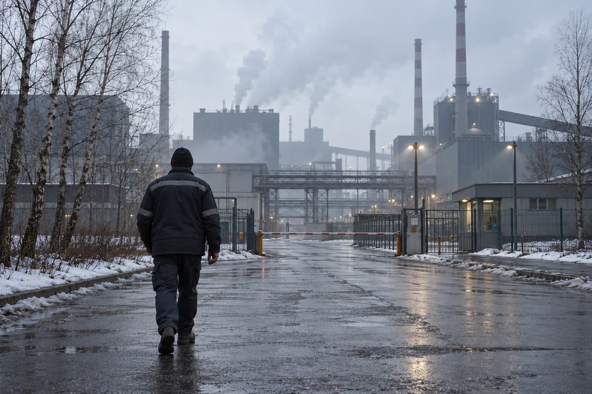 Një punëtor i parë nga pas ecën në një rrugë të lagur drejt portës së një impianti industrial me oxhaqe në një ditë gri dimri.