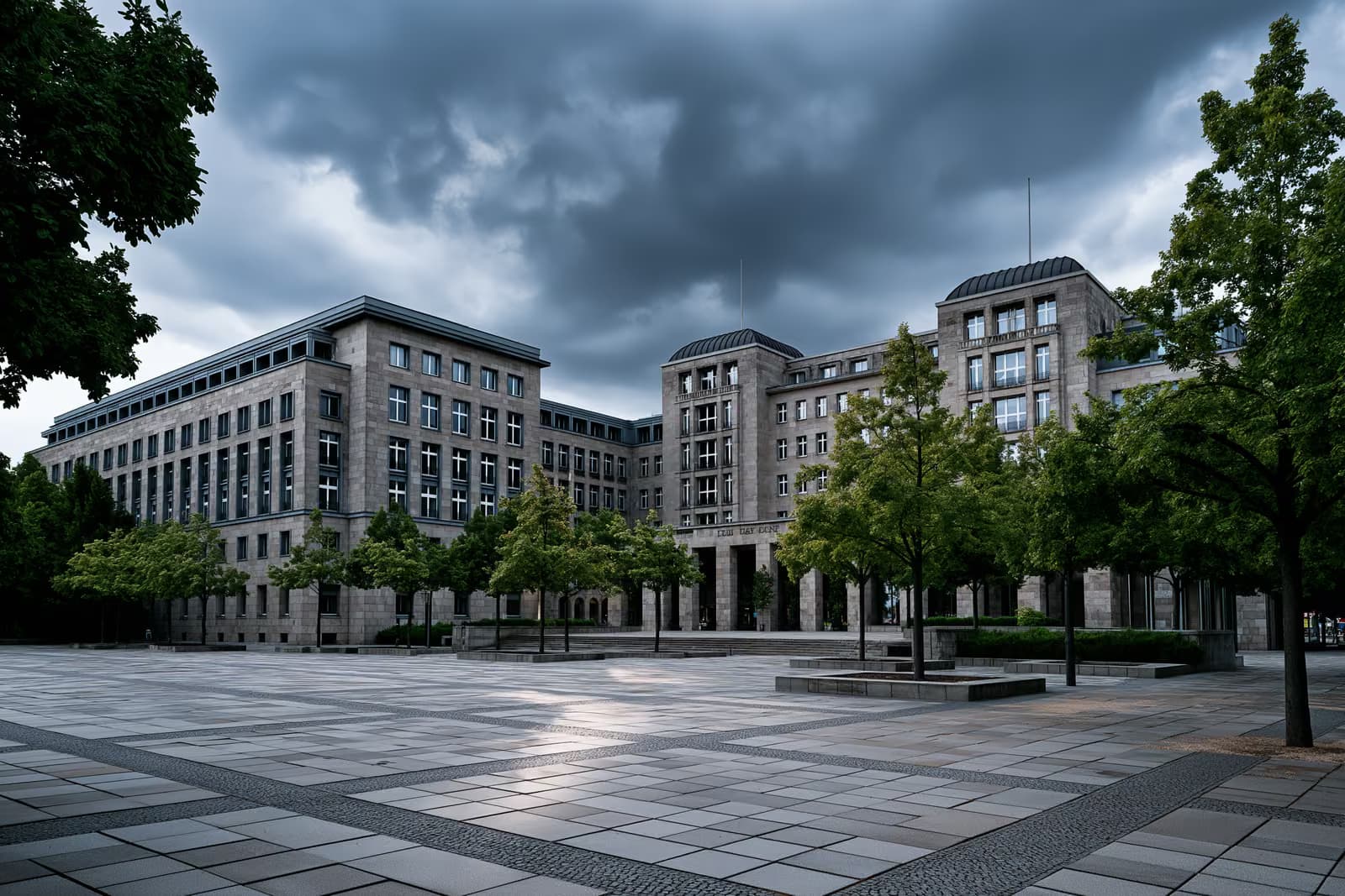 Një ndërtesë e parlamentit federal gjerman shihet pas një sheshi publik të zbrazët nën një qiell të dendur.