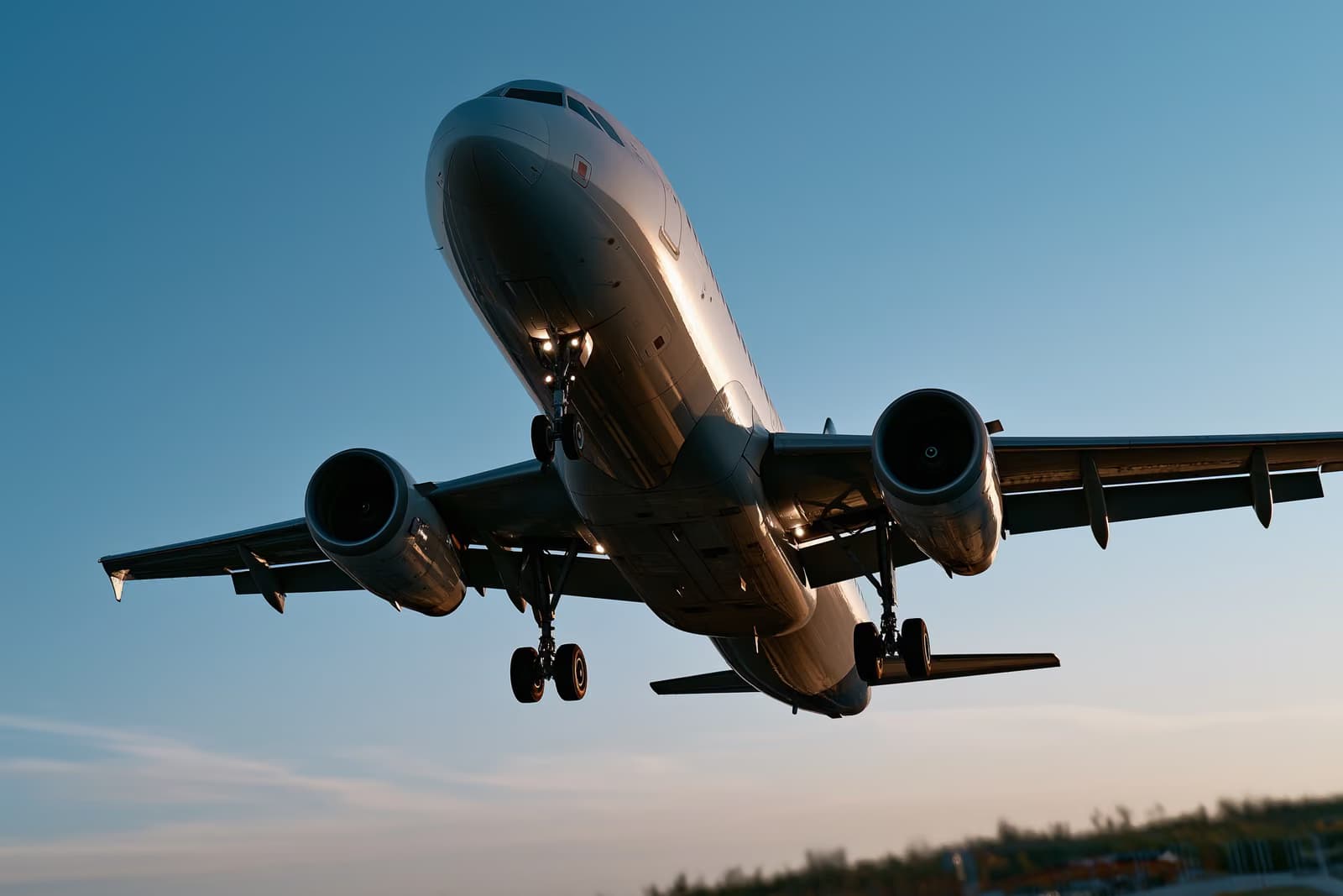 Një avion pasagjerësh që ngjitet në një qiell të kthjellët, i parë nga toka.