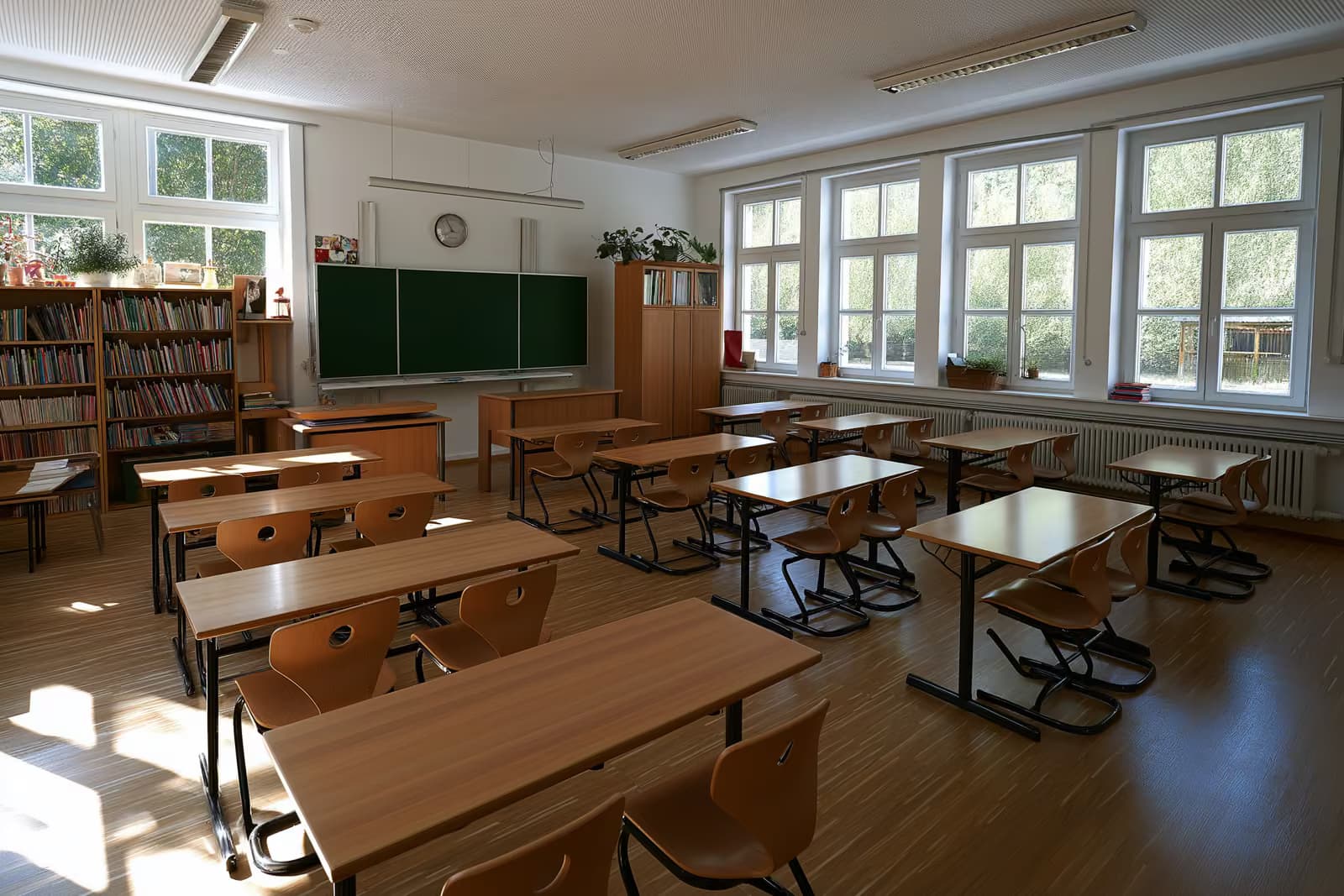 Një klasë fillore gjermane e ndritshme dhe e zbrazët, me tavolina të vogla prej druri dhe një cep leximi në dritën e ngrohtë të pasdites.