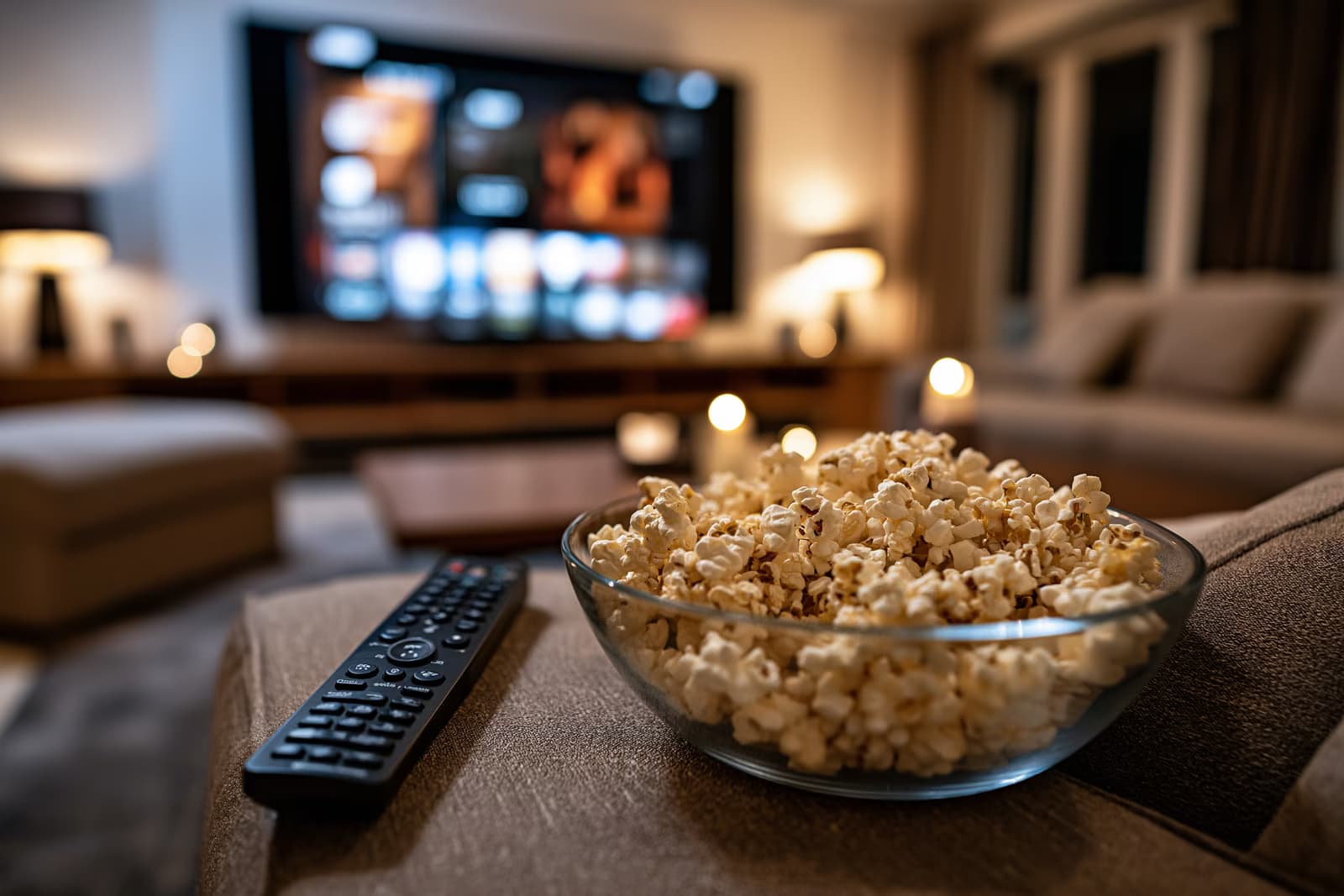 Një televizor në dhomën e ndenjes ndalonte në një menu transmetimi natën, vendi ku reklamat e Prime Video tani ndërpresin mbrëmjet e filmave.
