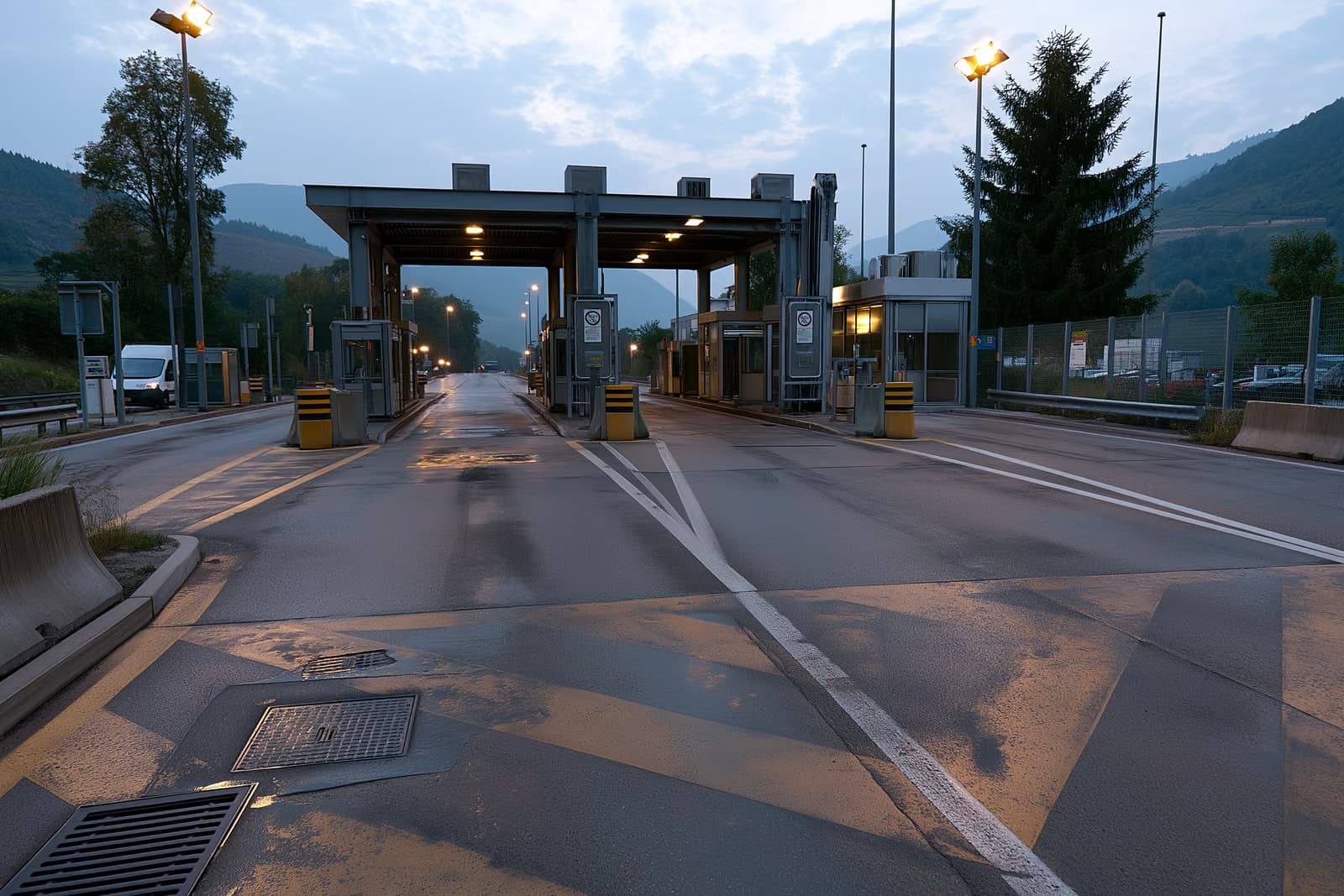 Një pikë kalimi e qetë autostrade në kufirin gjermano-austriak me një shenjë korsie dhe një kabinë inspektimi bosh në agim.