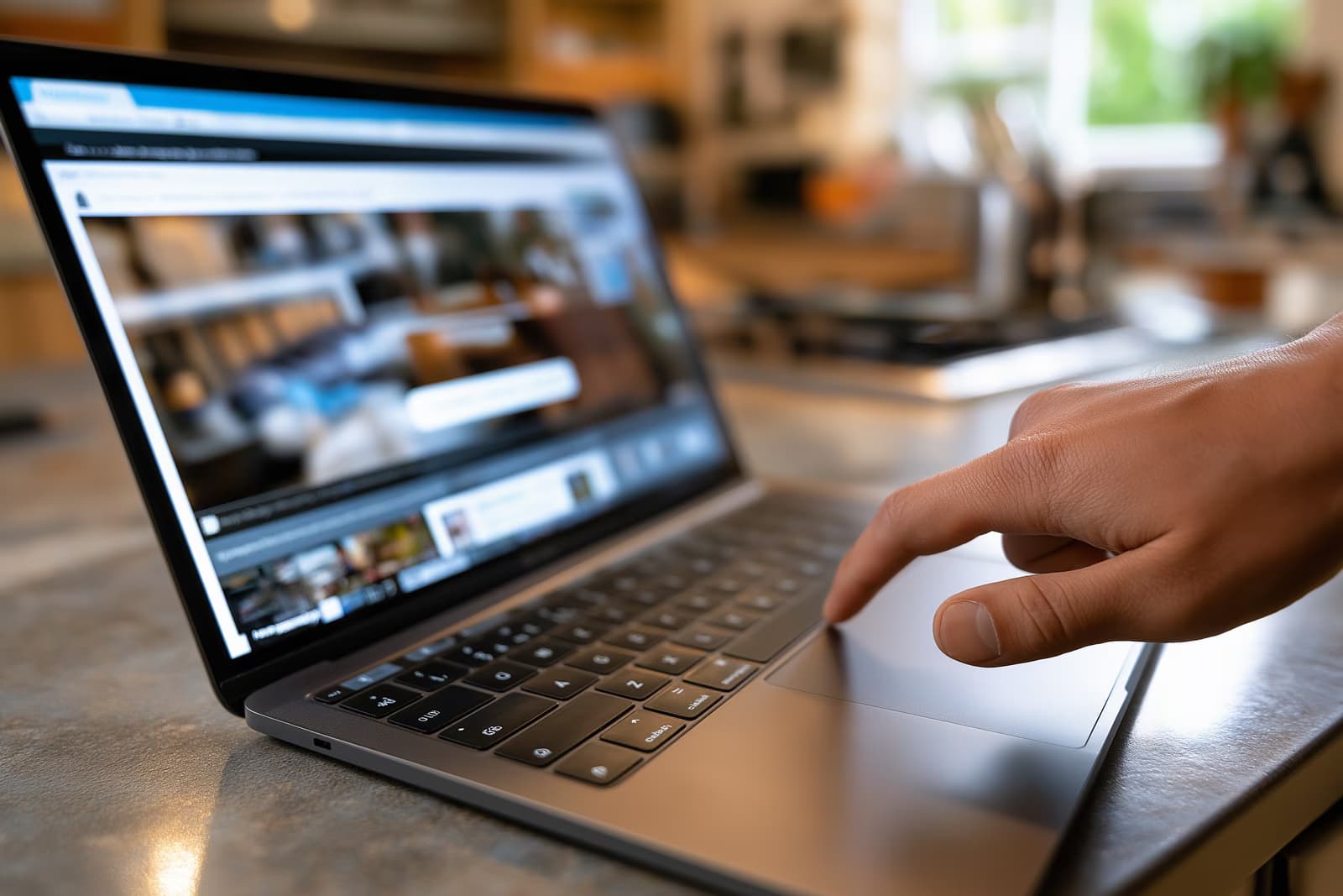 Një dorë qëndron pezull mbi një laptop në tavolinën e kuzhinës që tregon një faqe anulimi online me një buton të spikatur