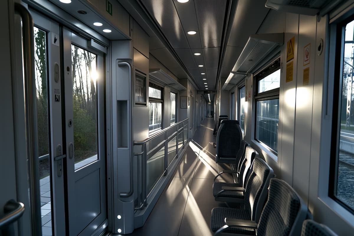Korridori i brendshëm i një treni rajonal gjerman me një zonë me derë të hapur dhe kangjella sigurie në dritën e mbrëmjes