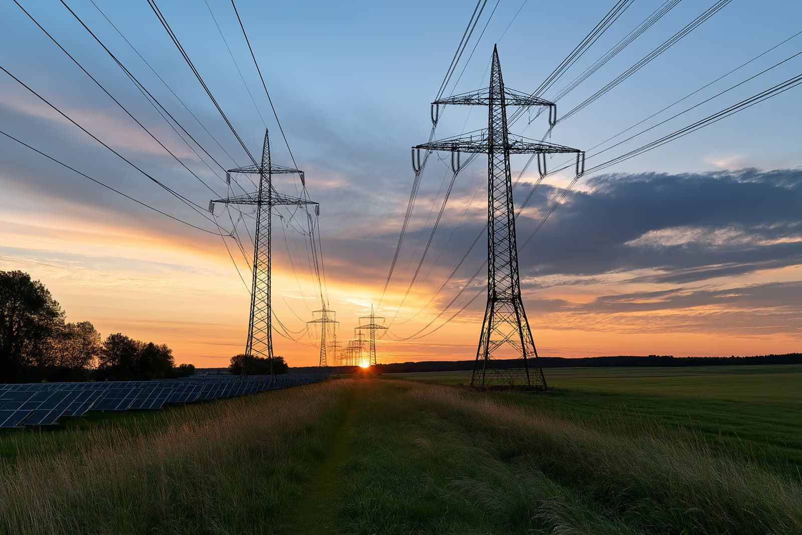 Një rresht me shtylla të tensionit të lartë të energjisë elektrike që kalojnë nëpër një fshat të hapur.