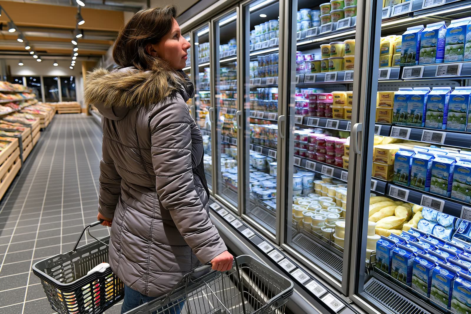 Një blerës krahason çmimet e ushqimeve në raftet e supermarketeve në Gjermani, duke mbajtur një faturë përpara produkteve të qumështit dhe vezëve.
