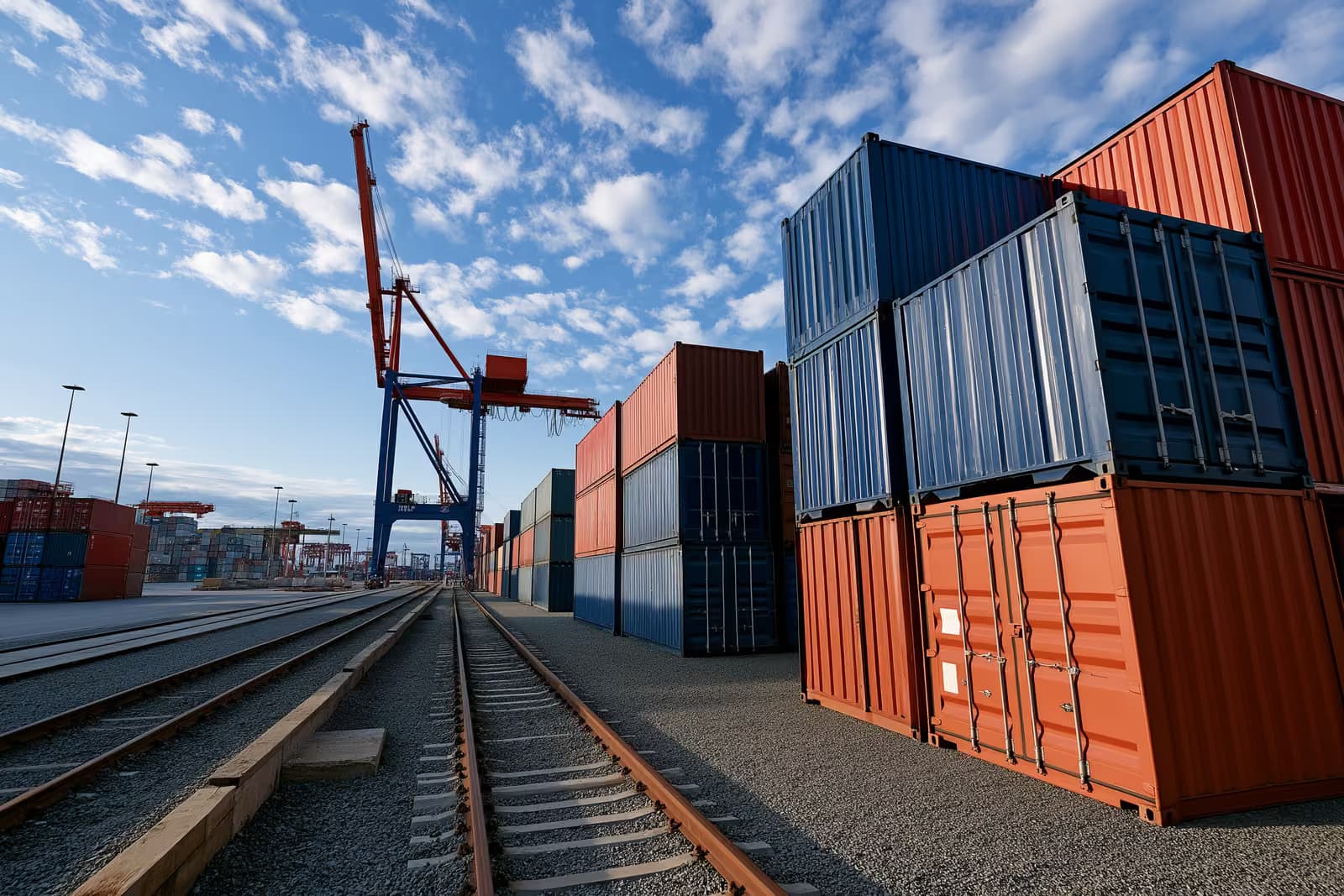 Kontejnerë transporti të vendosur mbi një vinç të gjatë në një terminal kontejnerësh gjerman nën një qiell të ndritshëm.