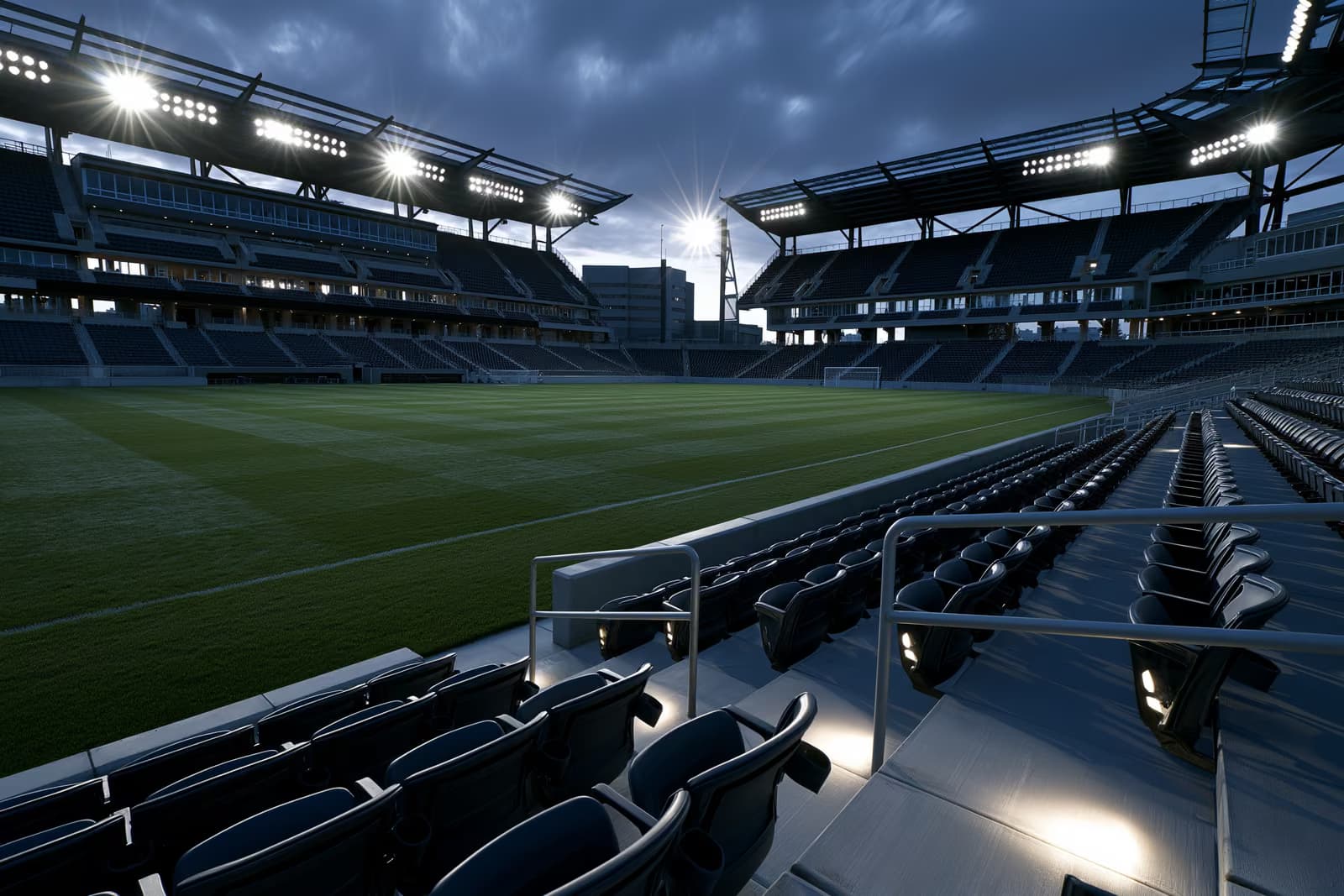 Një stadium futbolli i zbrazët në muzg me ndriçues dhe tribuna bosh.