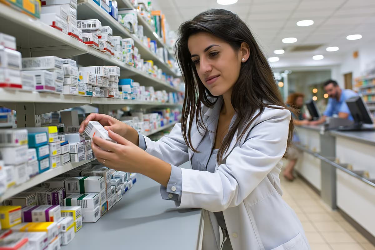 Një farmacist rregullon kutitë e ilaçeve në një raft pas një banaku në një farmaci gjermane të ndritshme.