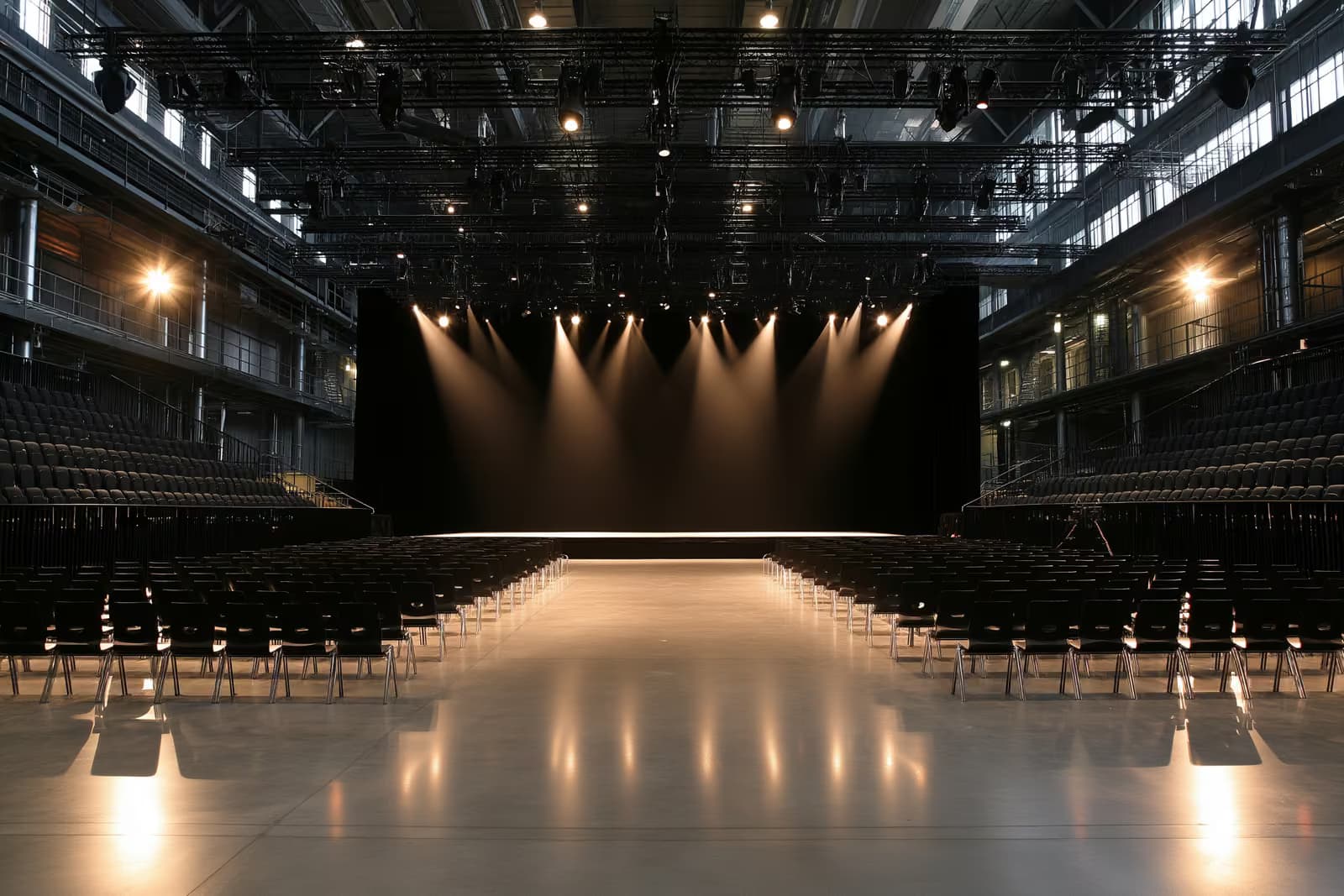 Një skenë kryesore festivali në ajër të hapur pranë një ish-salle industriale në muzg.