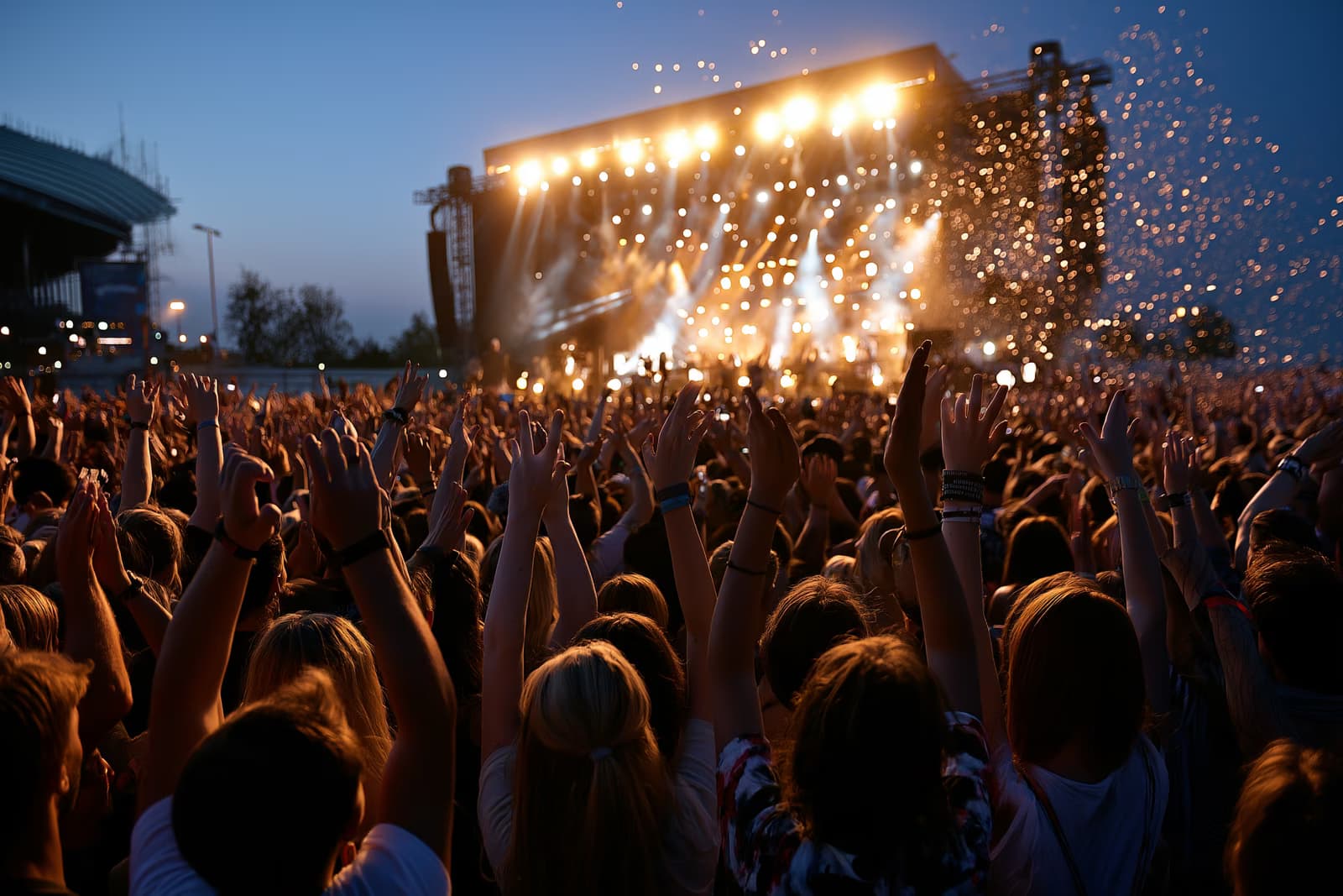 Një turmë e madhe festivali me duart e ngritura përpara një skene kryesore që shkëlqente në Lollapalooza Berlin në Olympiapark natën.