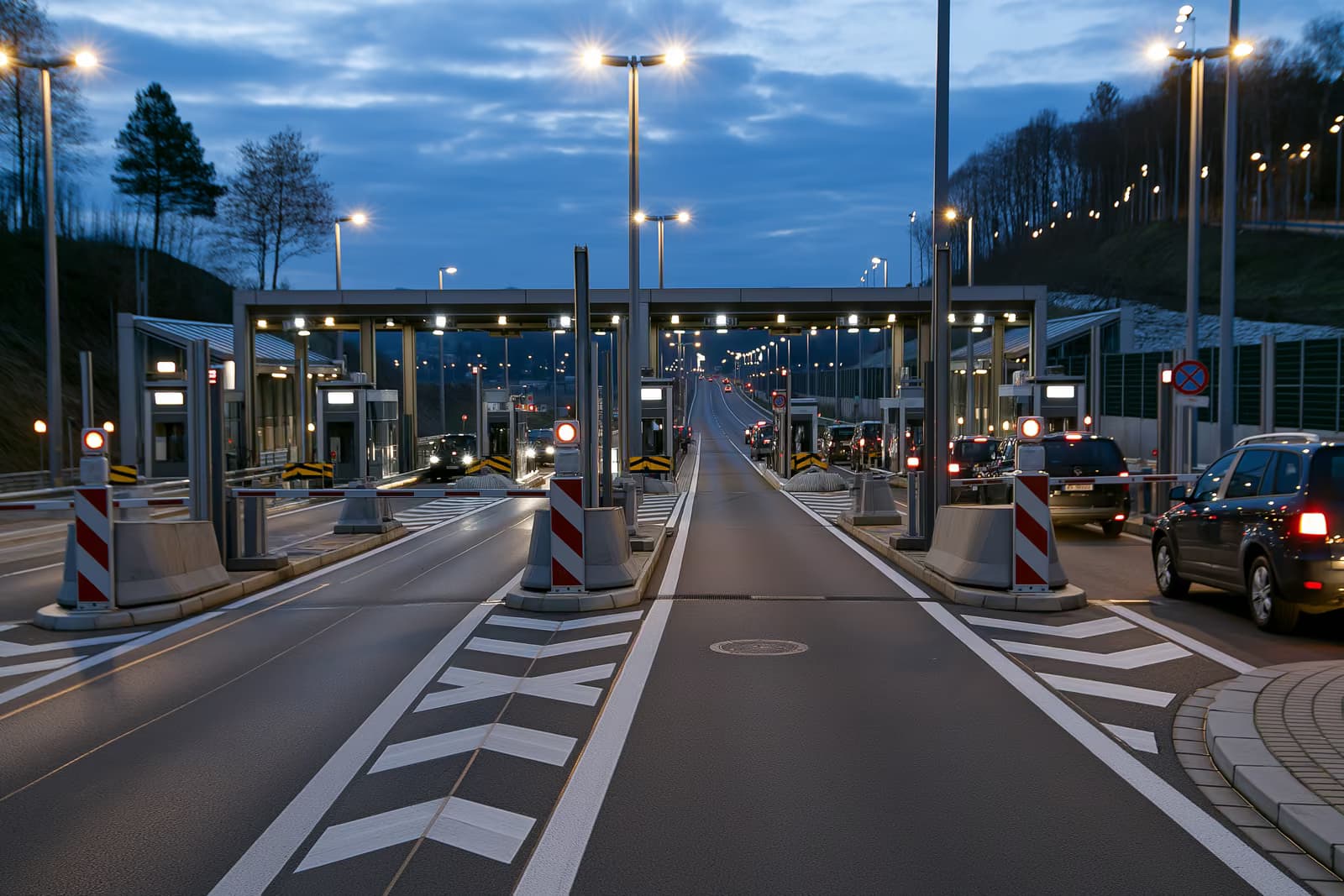Një pikë kontrolli kufitar i autostradës evropiane e qetë me barriera në muzg.