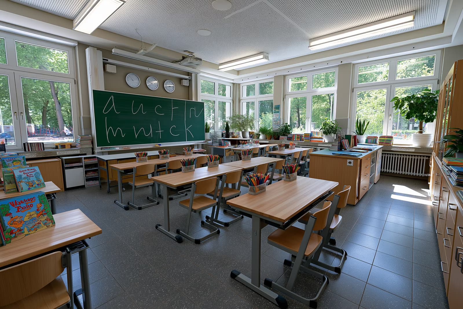 Një klasë fillore e ndritshme me forma shkronjash në një dërrasë të gjelbër, gati për klasat e reja të gjuhës ABC në NRW.