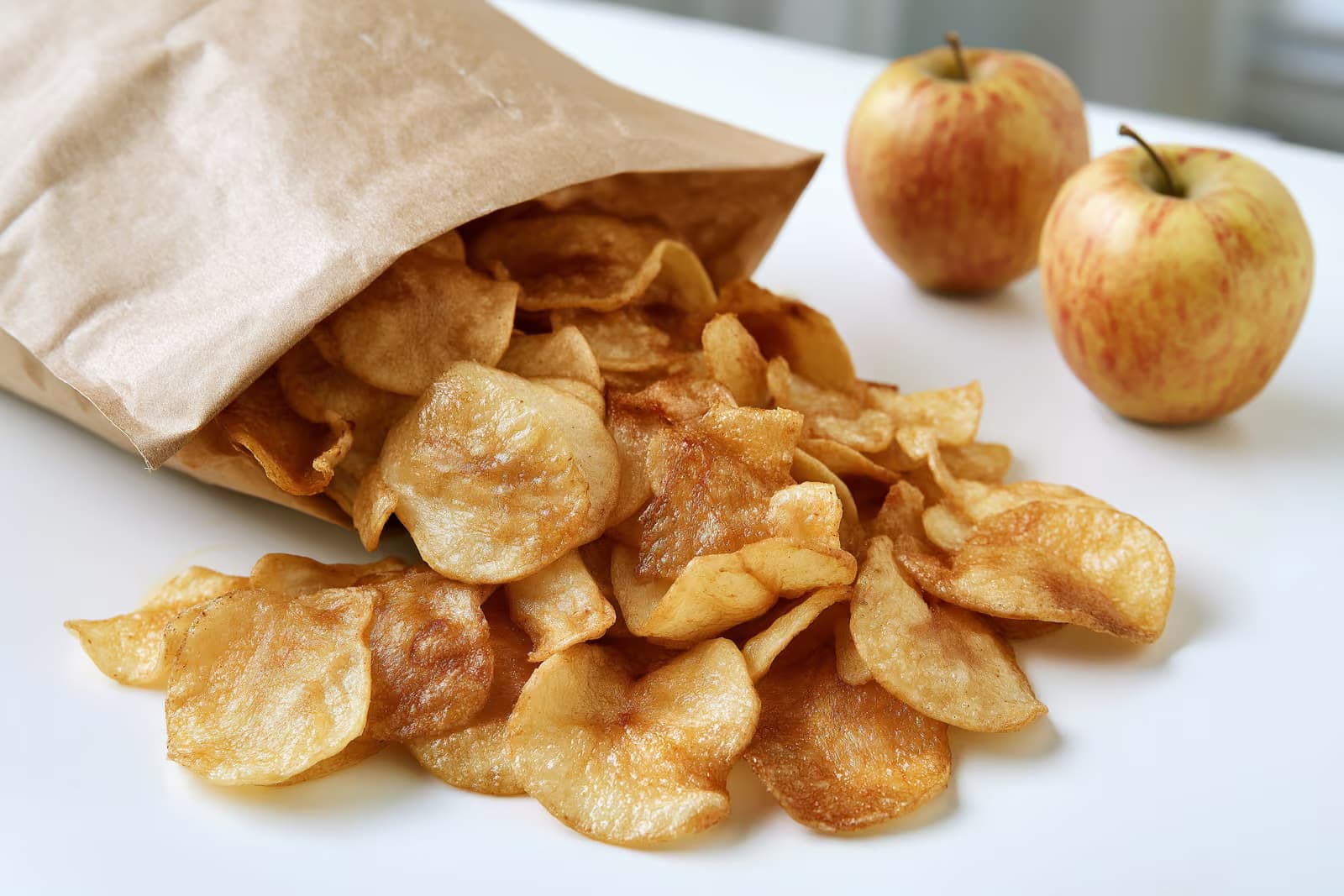 Një pako me patate të skuqura molle dhe frutash për fëmijë në një raft kuzhine me një simbol paralajmërues pranë saj.