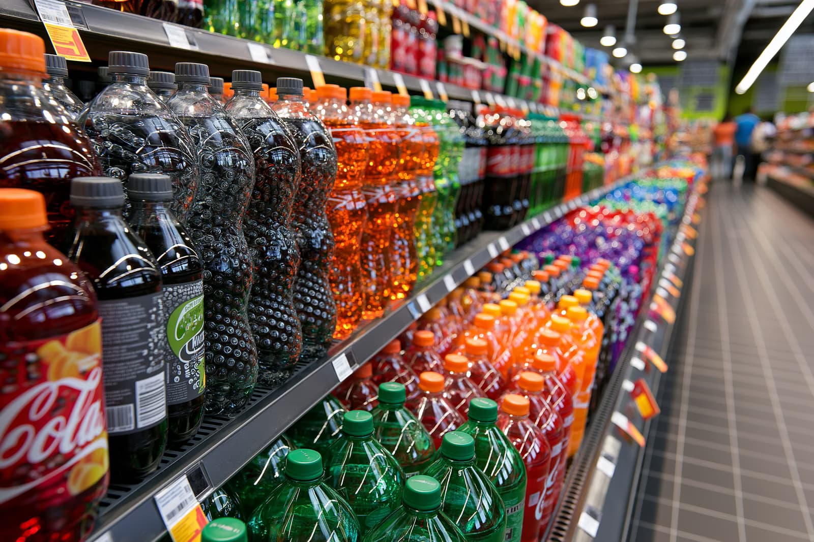 Rreshta me shishe pijesh të buta shumëngjyrëshe në një korridor të ndriçuar shkëlqyeshëm të supermarketit gjerman, produktet që do të synonte një taksë e planifikuar për sheqerin.
