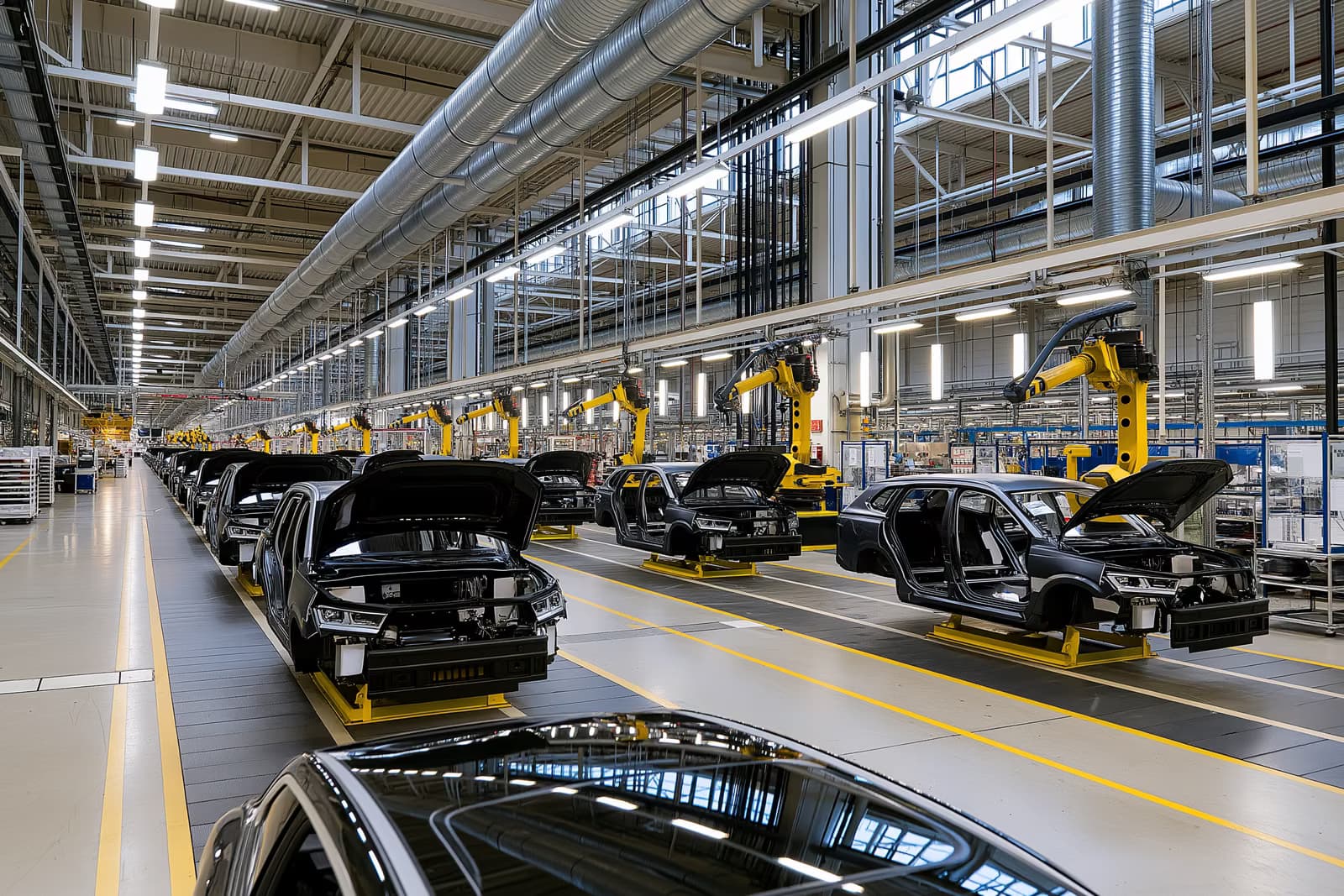 Krahët robotikë ndalen mbi karroceritë e papërfunduara të makinave në një linjë montimi Volkswagen, ndërsa vazhdon debati mbi mbylljen e fabrikave të VW