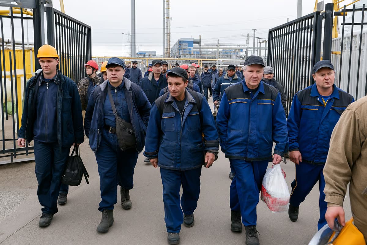 Punëtorë fabrike me tuta që ecin nëpër portën e një fabrike gjatë ndërrimit të turnit nën një qiell me re