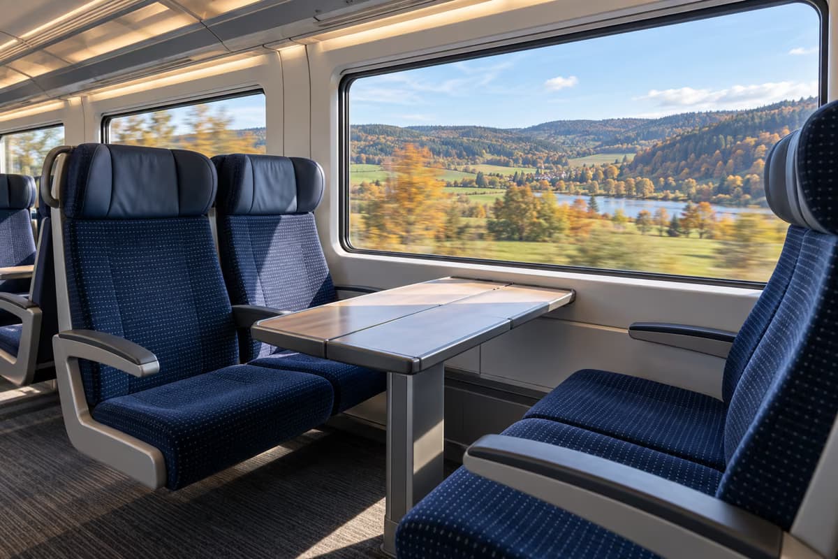 Ndenjëse bosh me veshje blu rreth një tavoline në një vagon modern treni, ndërsa nga dritarja kalojnë një liqen dhe kodra vjeshte.