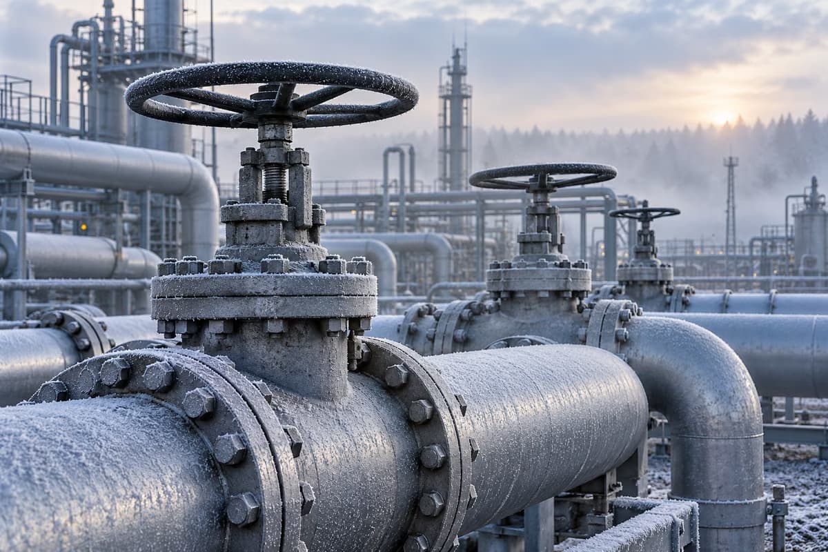 Pamje nga afër e tubave industrialë të gazit të mbuluar me brymë, me valvola të mëdha me timon, në një impiant gazi në një mëngjes dimri me mjegull.