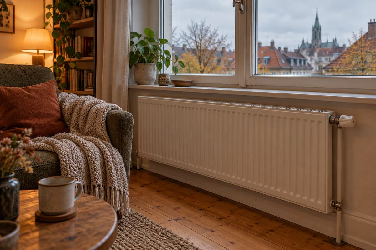 Një radiator i bardhë me panel dhe valvolë termostatike nën një dritare në një dhomë ndenjieje të ngrohtë, me një kolltuk, një batanije të thurur dhe çati me tjegulla jashtë.