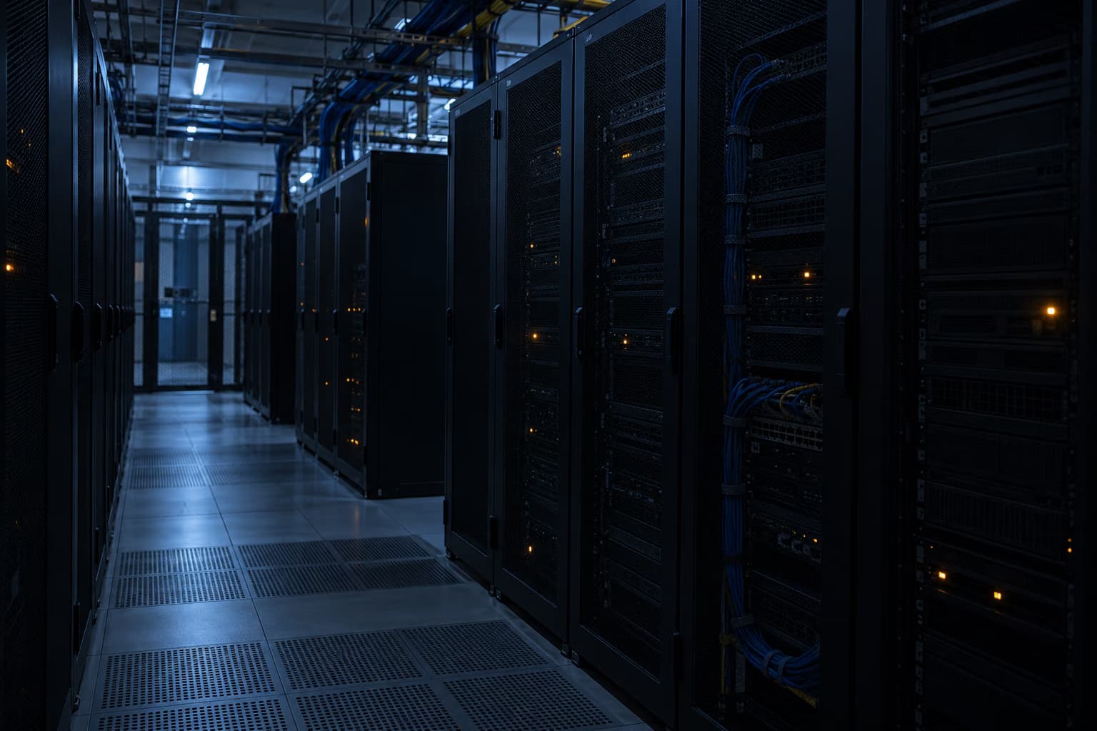 Një dhomë serverësh e ndriçuar dobët, me rreshta raftesh të errëta serverësh, kabllo blu të grumbulluara dhe vetëm disa drita të vogla portokalli që ndriçojnë.