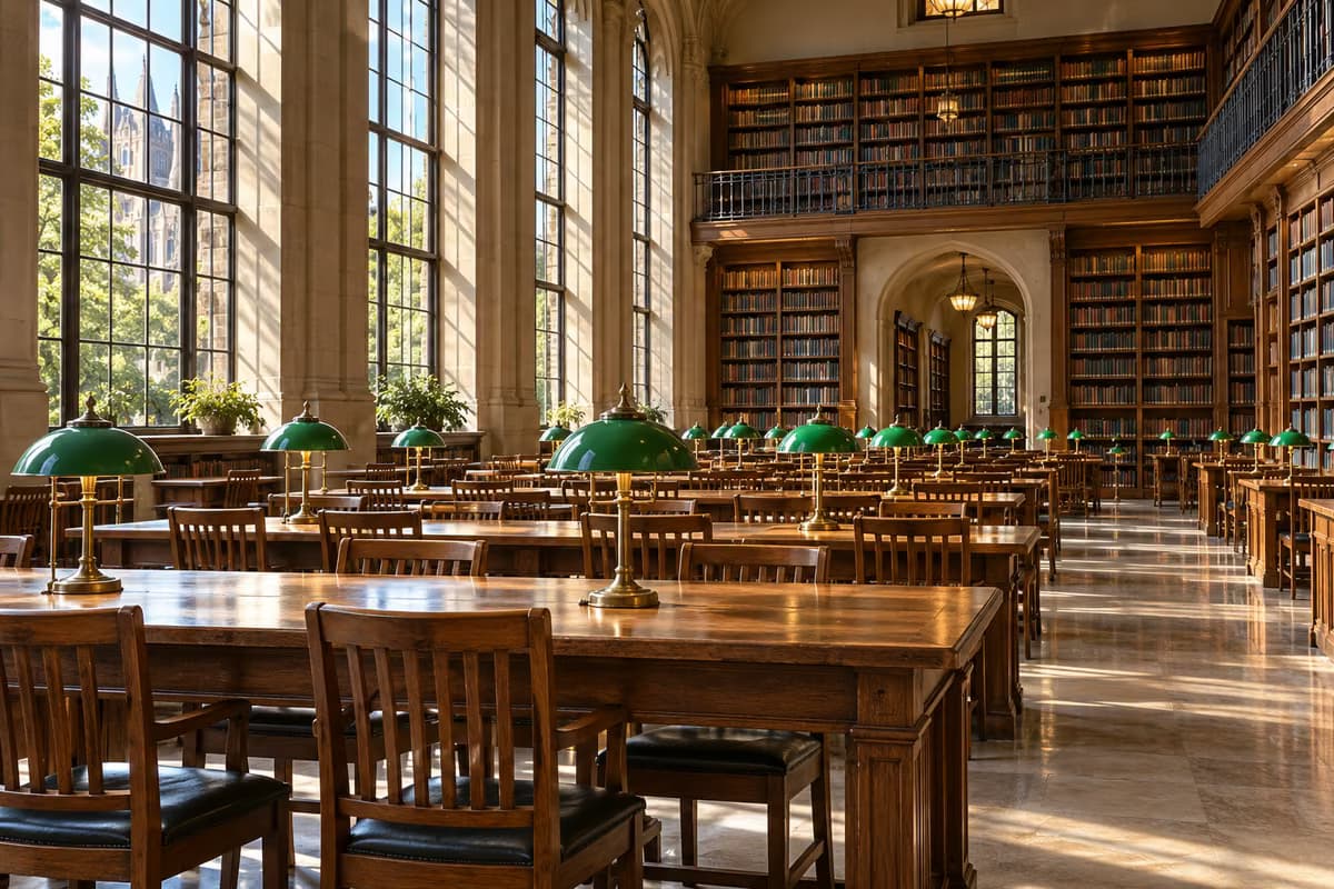 Një sallë leximi bibliotekë e zbrazët me tavolina të gjata druri, llamba të gjelbra tavoline, dritare të larta dhe rafte të larta plot me libra.