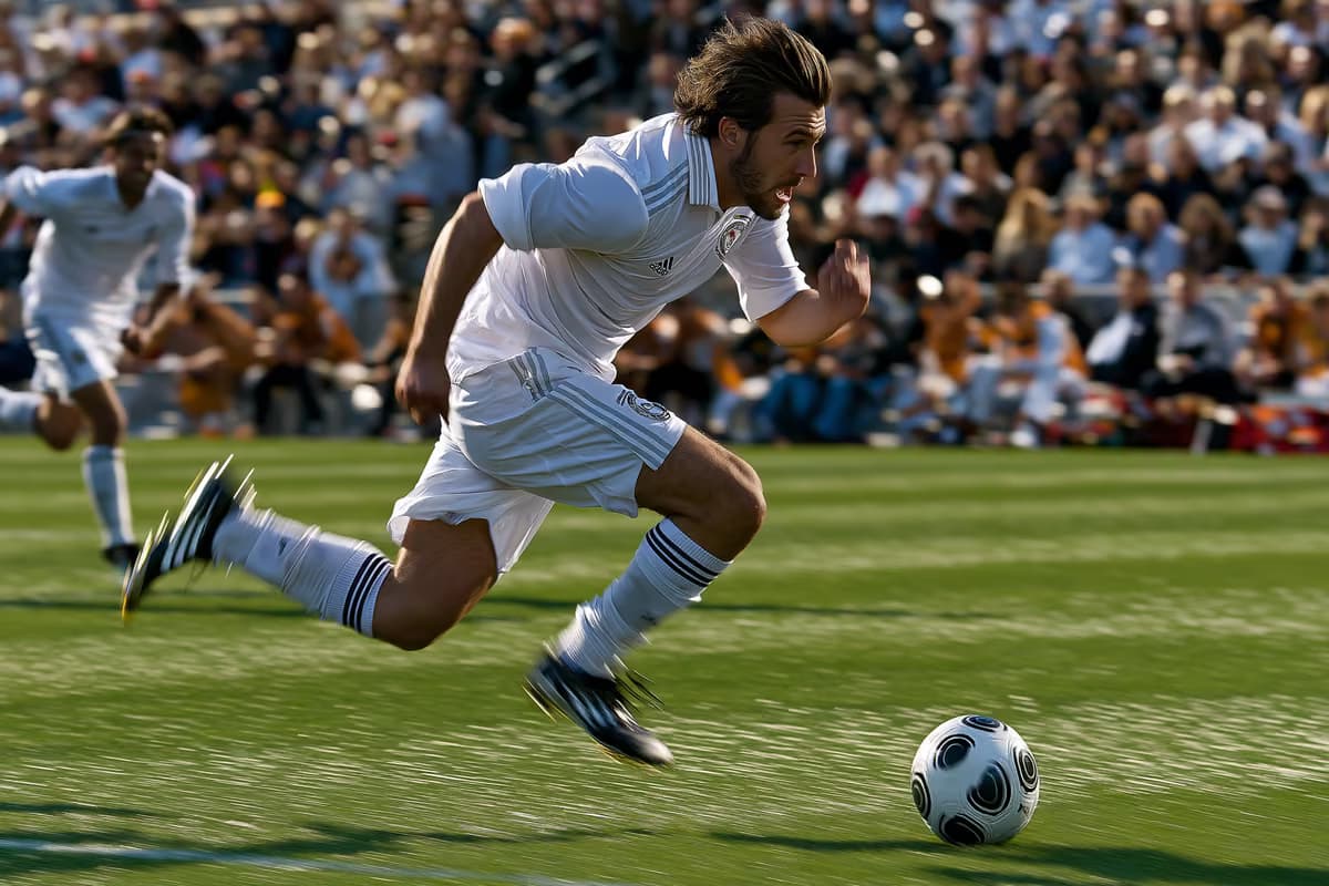 Një futbollist duke vrapuar me topin gjatë një ndeshjeje në një fushë të gjelbër.