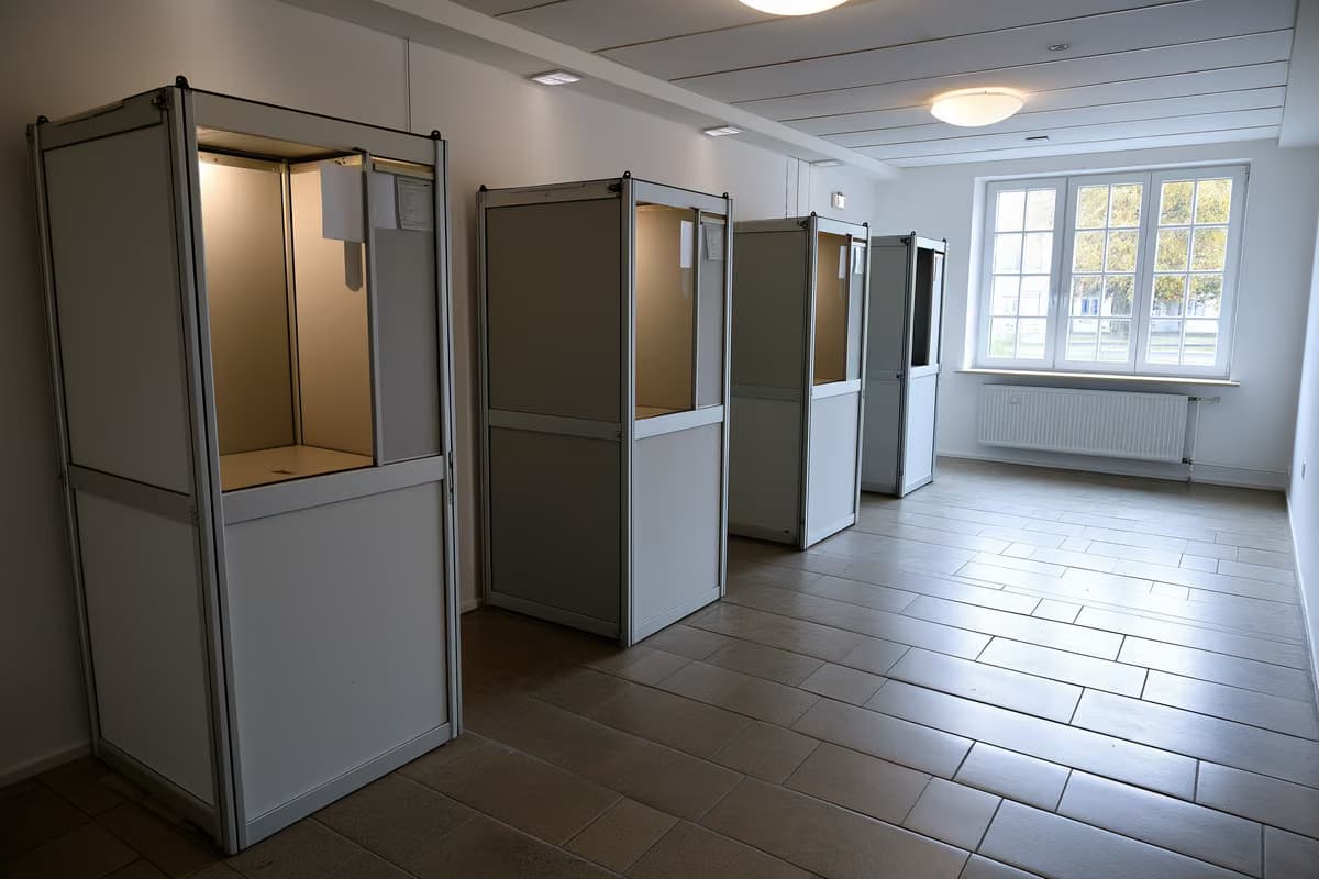 Një kabinë votimi e zbrazët në një sallë të thjeshtë komunitare gjermane e përdorur për zgjedhje.