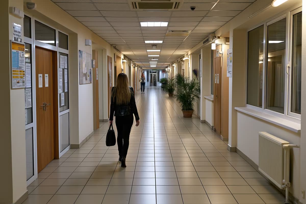 Një person i vetëm duke ecur me një çantë përgjatë korridorit të një ndërtese të administratës publike.