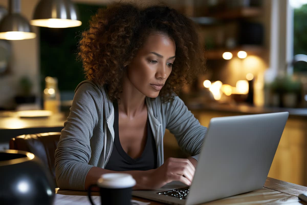 Një person shqyrton një portofol investimesh në një laptop në një tavolinë kuzhine në dritën e butë të mëngjesit.