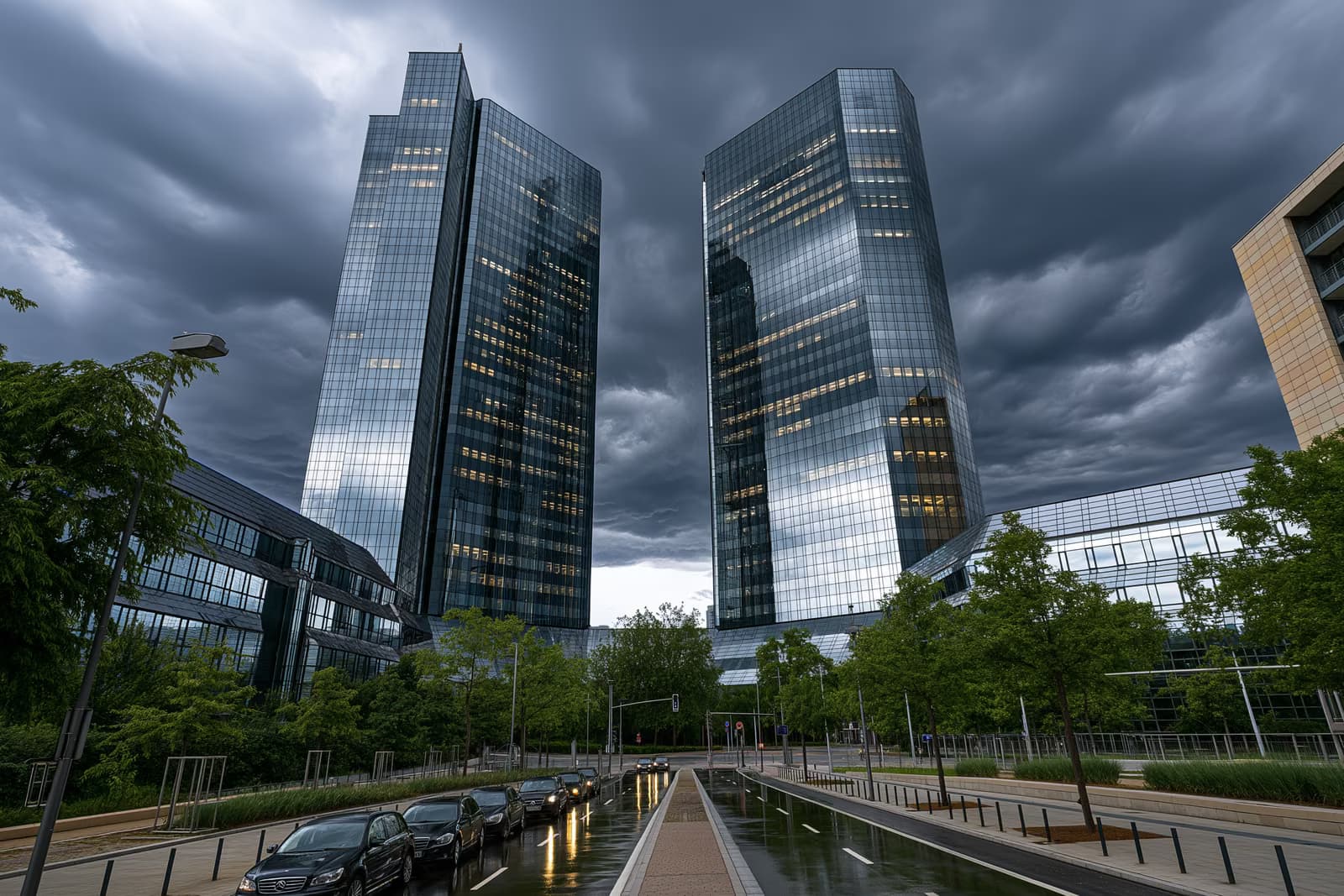 Kullat binjake prej qelqi të selisë së një banke në Frankfurt duken nën re të errëta pas bastisjes së Deutsche Bank.