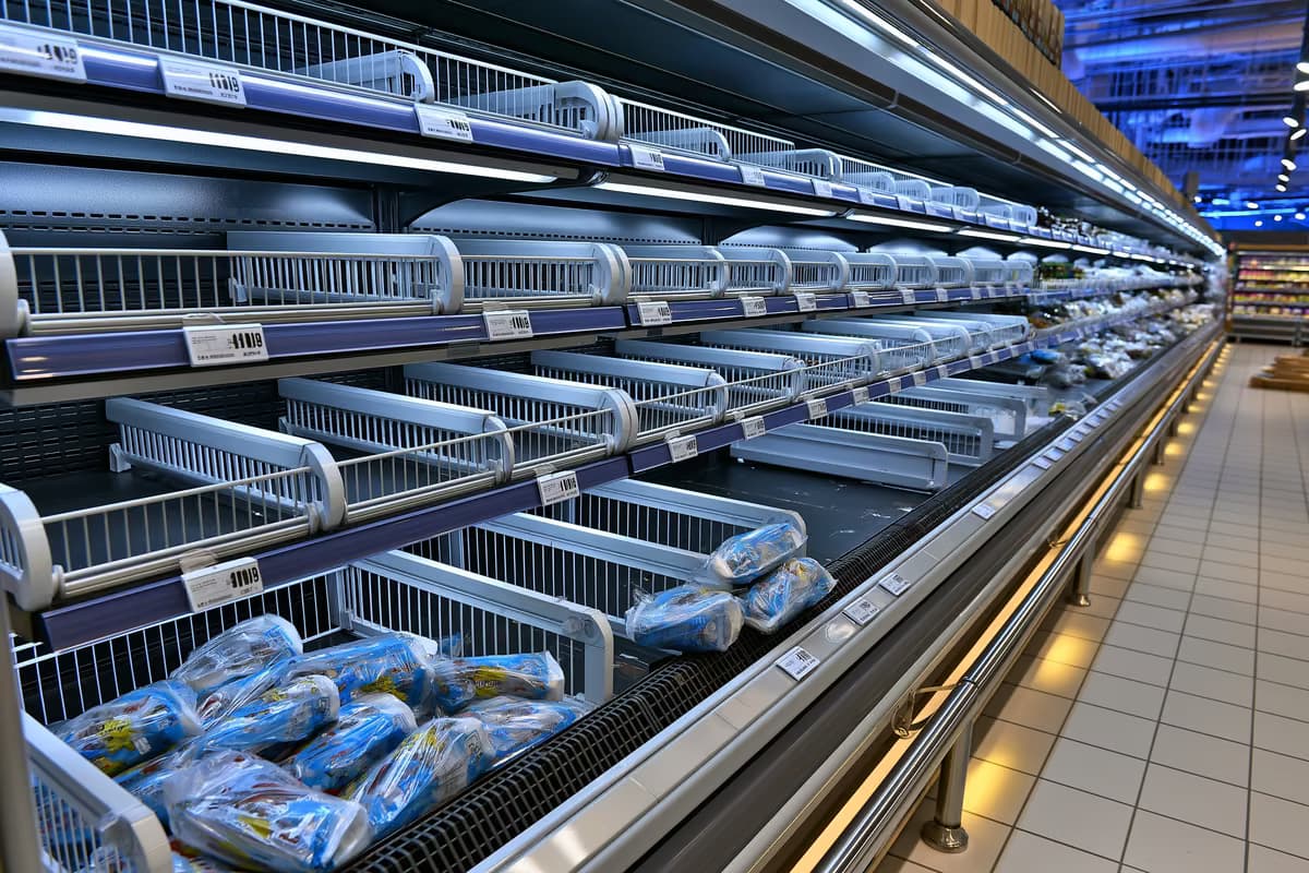 Një raft frigoriferik bosh në supermarket me disa pako të mbetura pas tërheqjes së salçiçeve në Gjermani