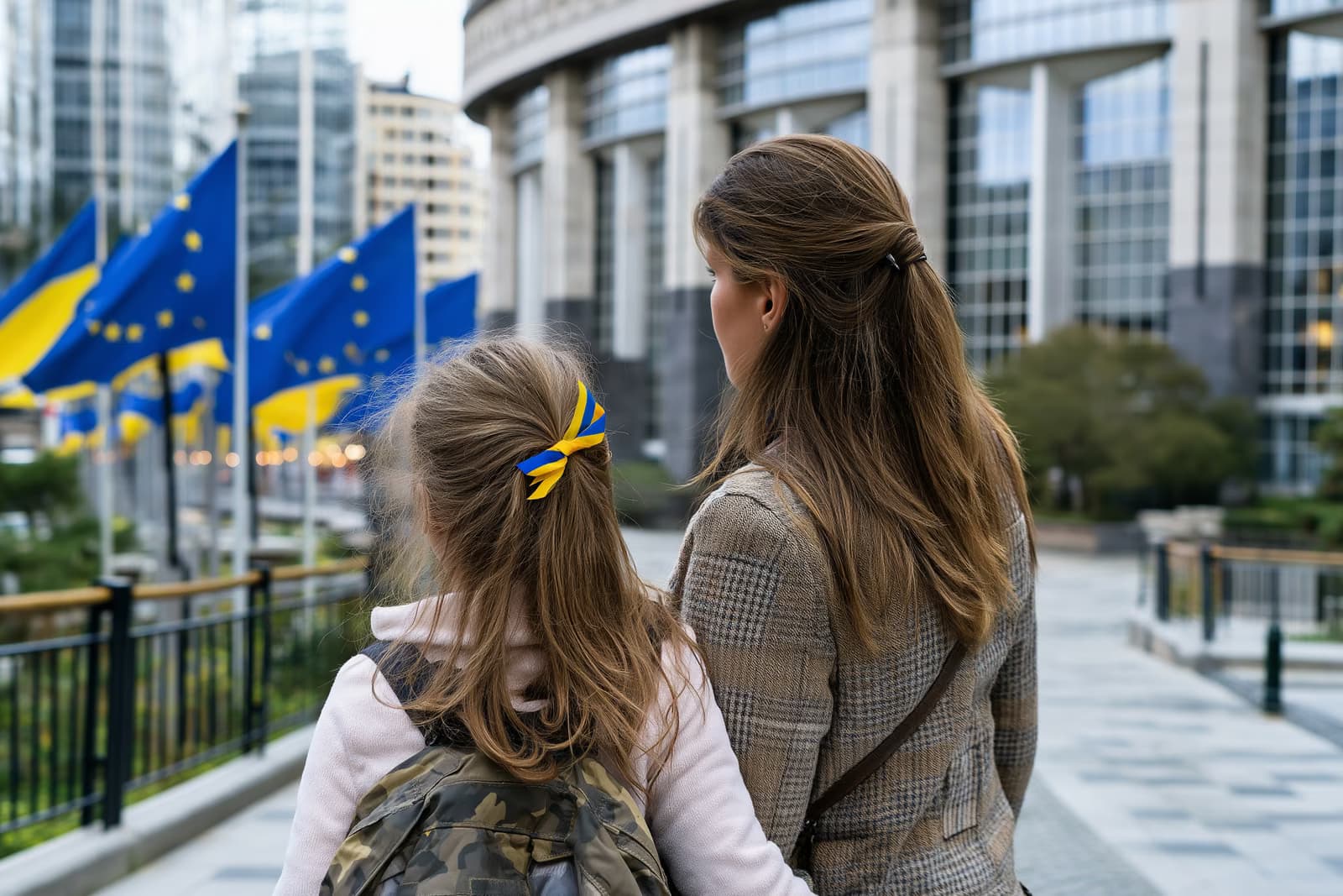 Një nënë dhe vajza ukrainase shikojnë flamujt e BE-së jashtë një ndërtese institucioni evropian pas zgjatjes së përkohshme të mbrojtjes së Ukrainës.