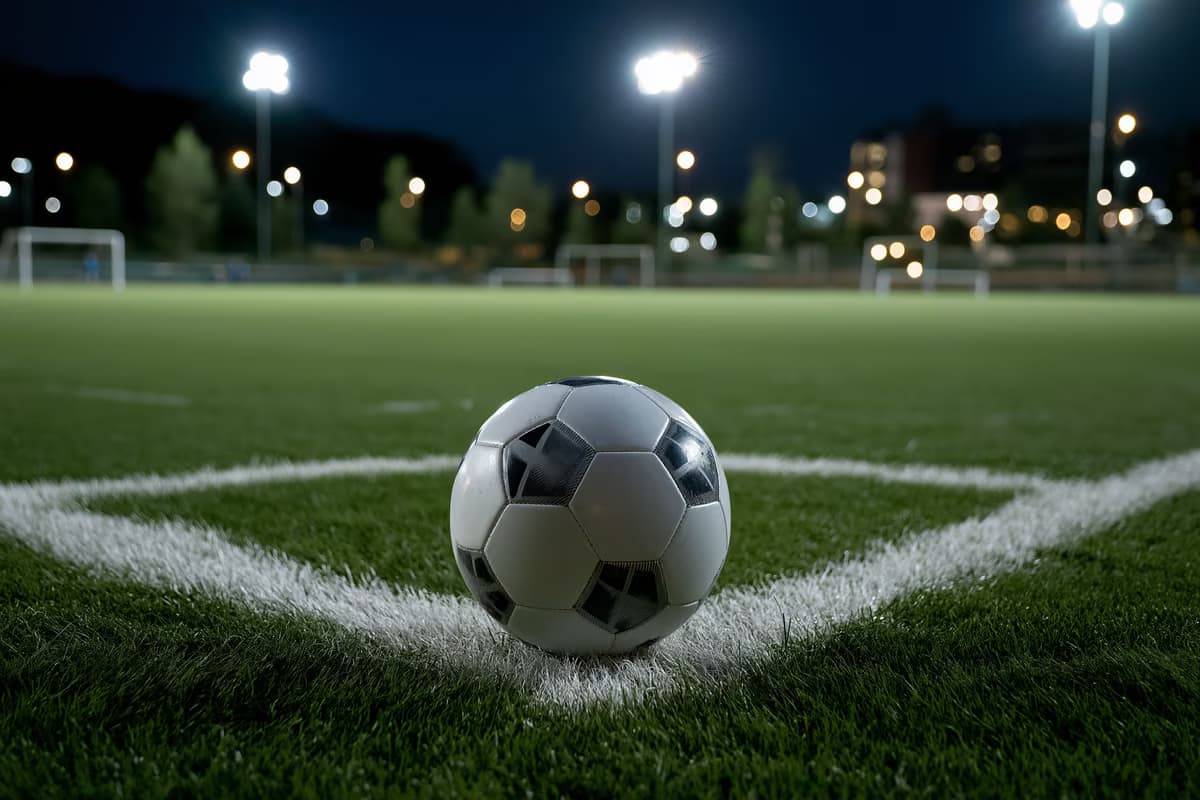 Një top futbolli i vetmuar që pushon në pikën e penalltisë të një fushe të ndriçuar.