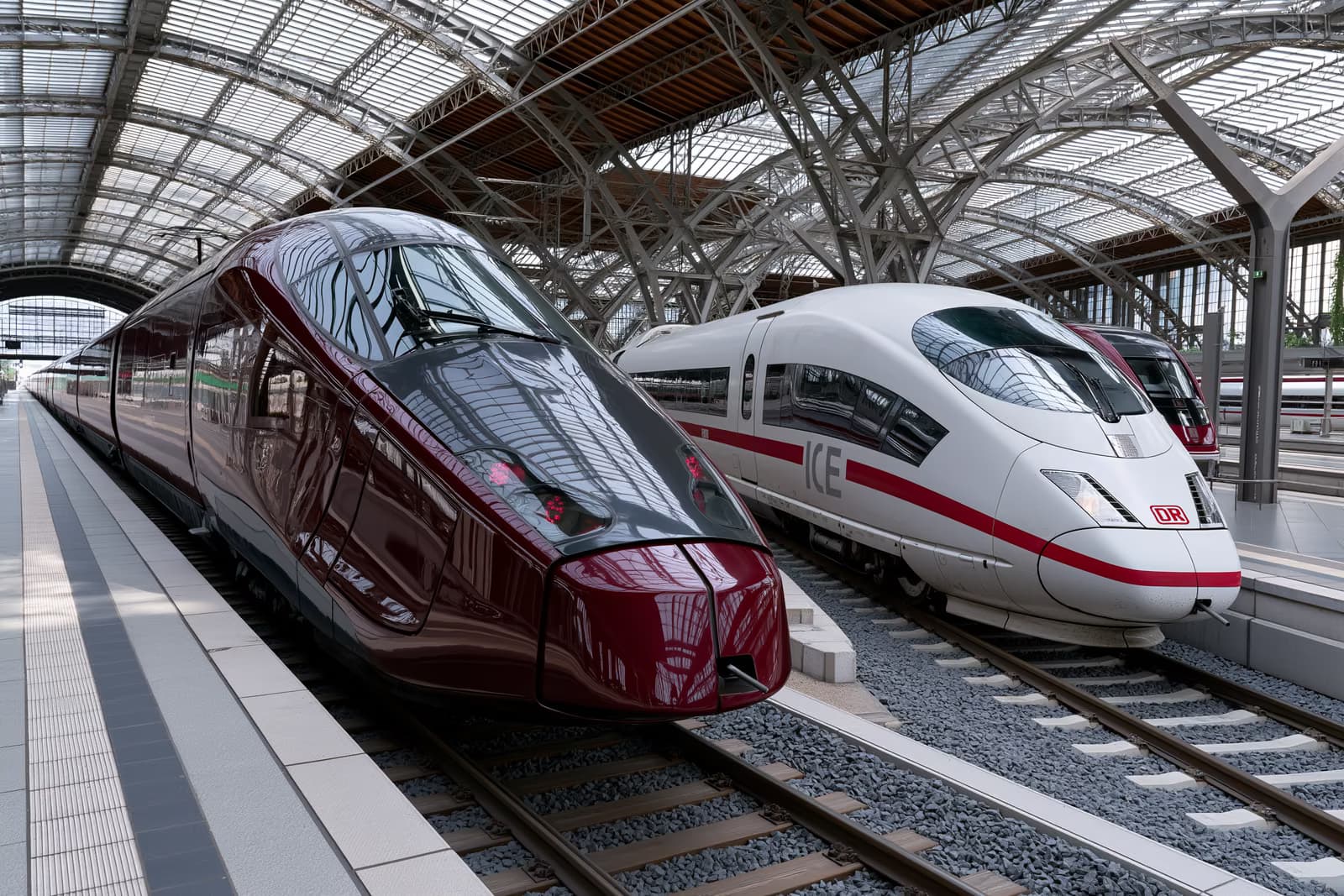 Një tren me shpejtësi të lartë i kuq i errët pranë një ICE të bardhë në shina paralele në një sallë stacioni gjerman, që simbolizon sfidën Italo ndaj Deutsche Bahn.