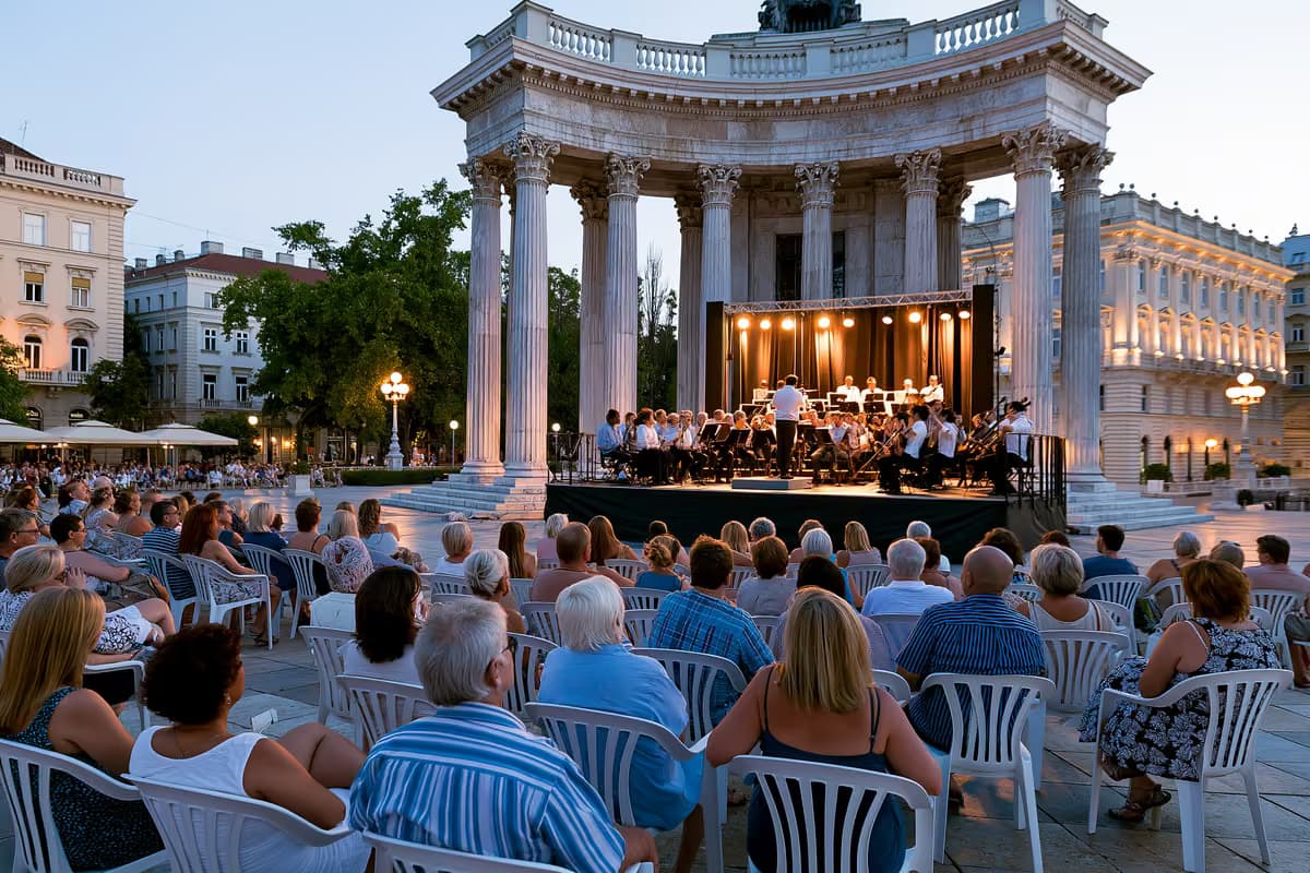 Një koncert klasik në ajër të hapur në një shesh historik të Mynihut në muzg.