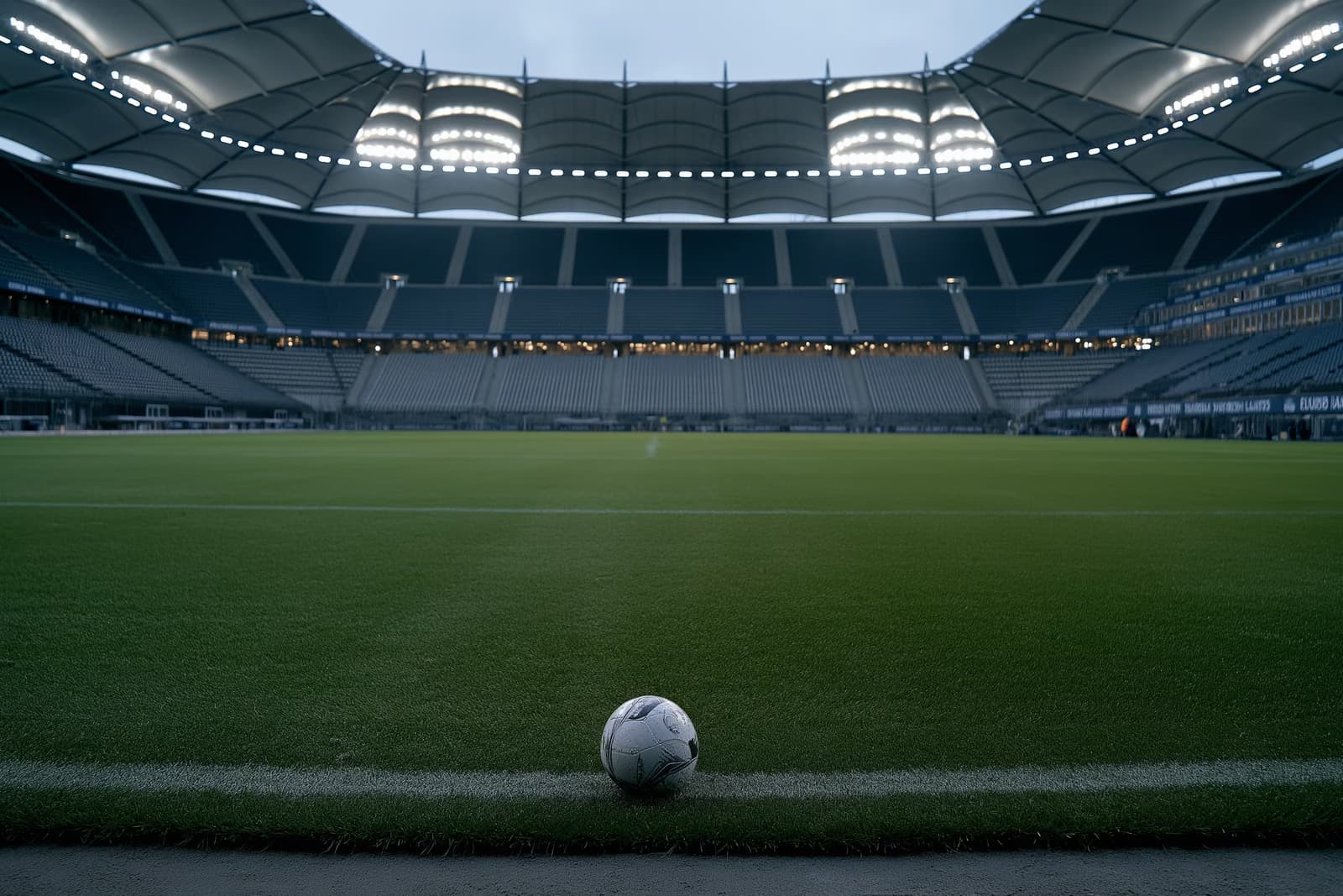 Një stadium futbolli i Hamburgut bosh në muzg me dritat e ndezura dhe një top të vetëm në qendër pasi Vuskovic largohet nga HSV.